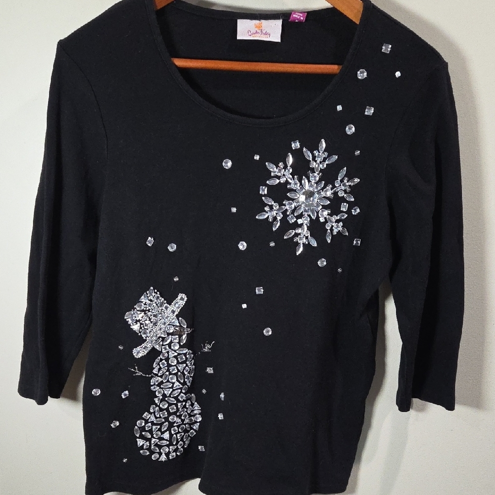 Quacker Factory Holiday Shirt with Crystal Snowman Design